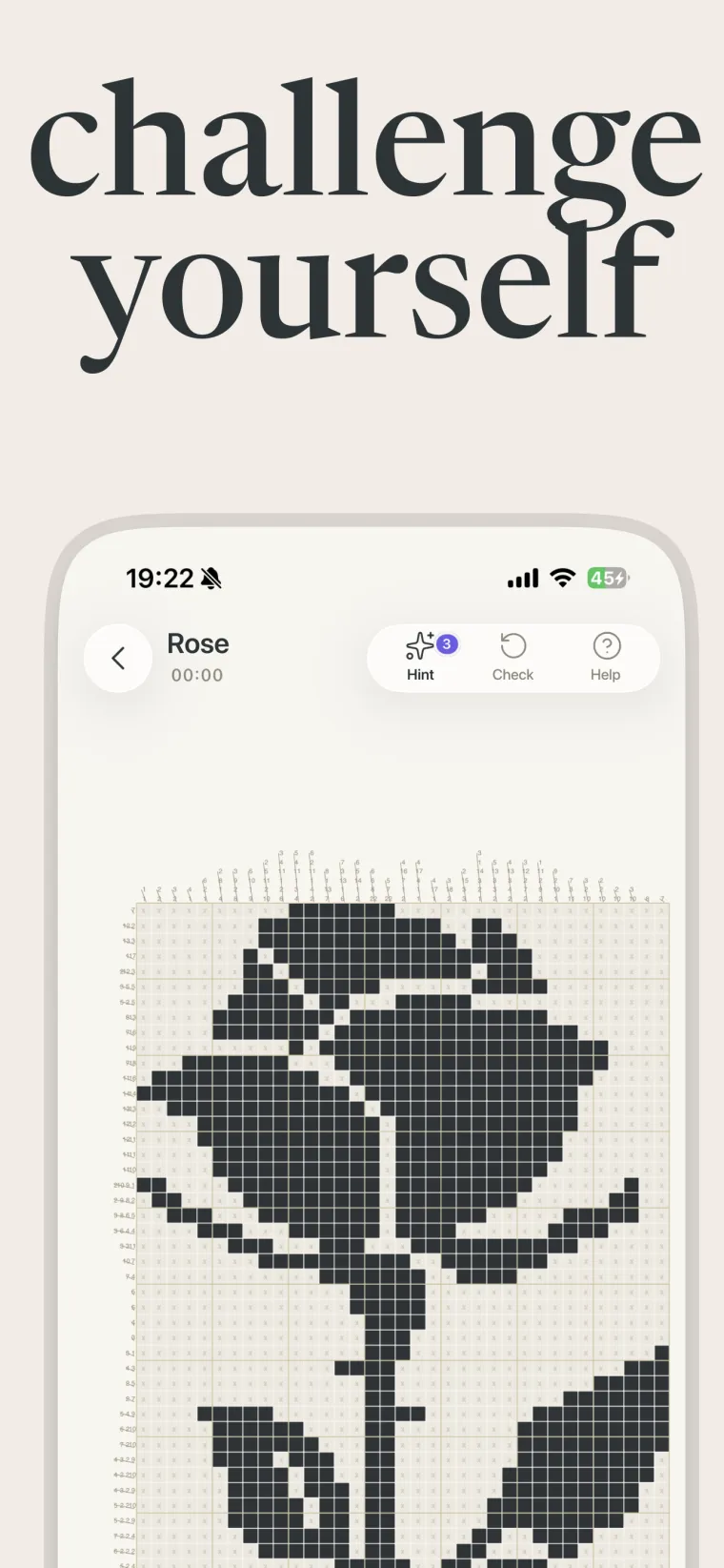 Nonogram Zen — solving a rose nonogram with hint, check, and help tools