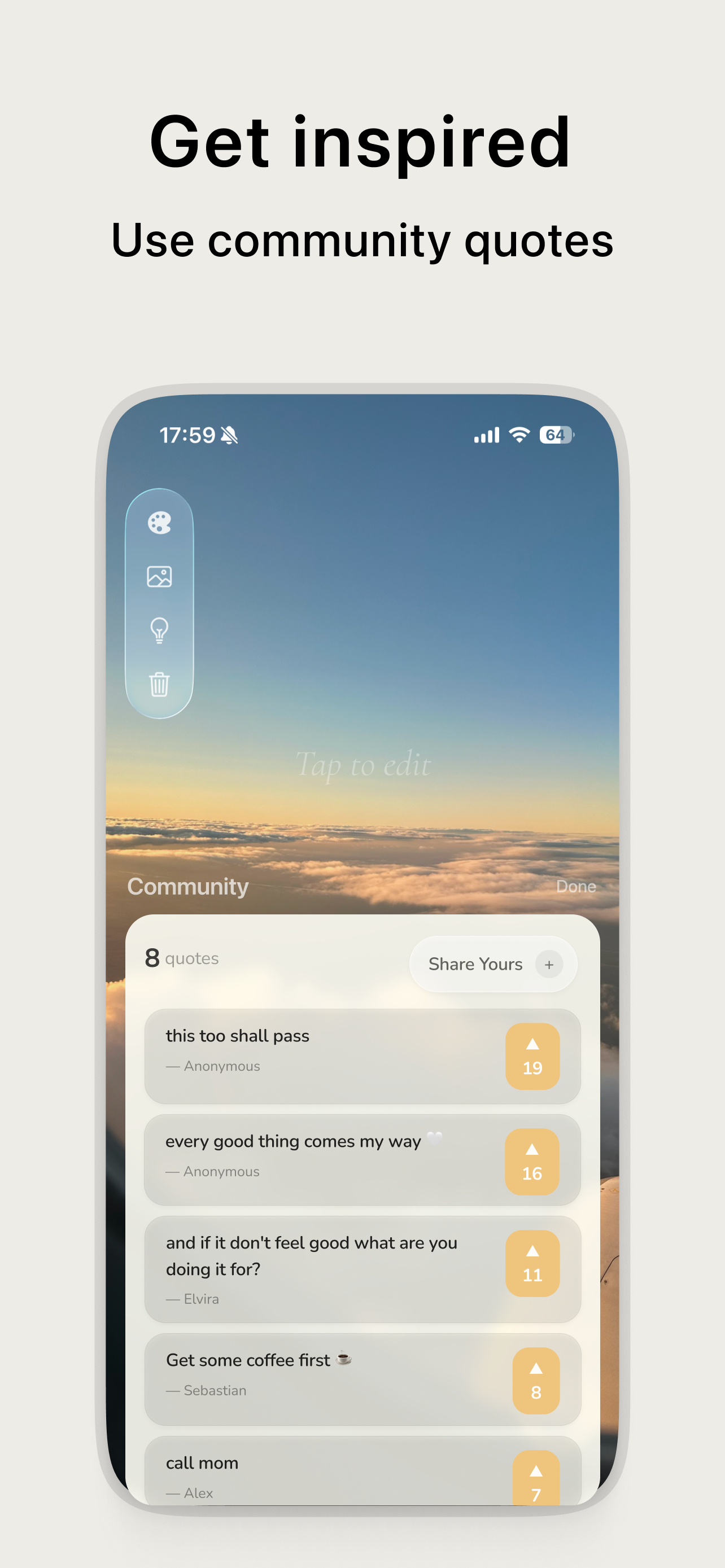Community quotes feed in bg text